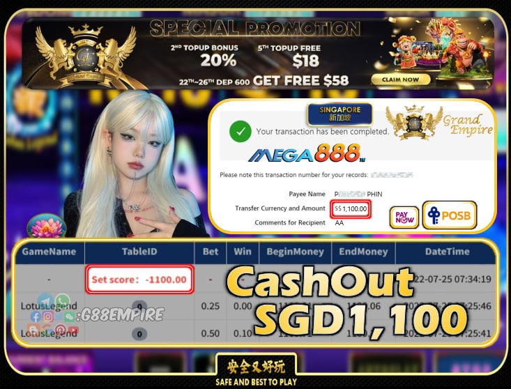 MEGA888 ~ LOTUSLEGEND CASHOUT SGD1100!!!