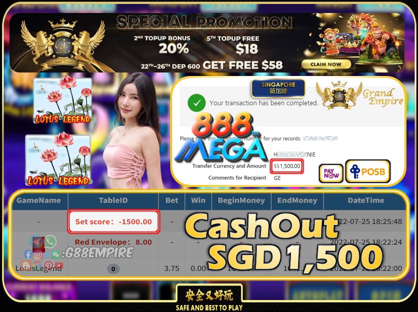 MEGA888 ~ LOTUSLEGEND CASHOUT SGD1500 !!!