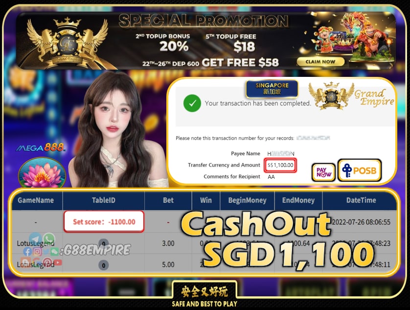 MEGA888 ~ LOTUSLEGEND CASHOUT SGD1100!!!