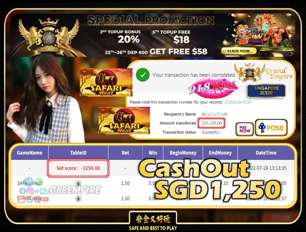 918KISS ~ SAFARIHEAT CASHOUT SGD1250!!!