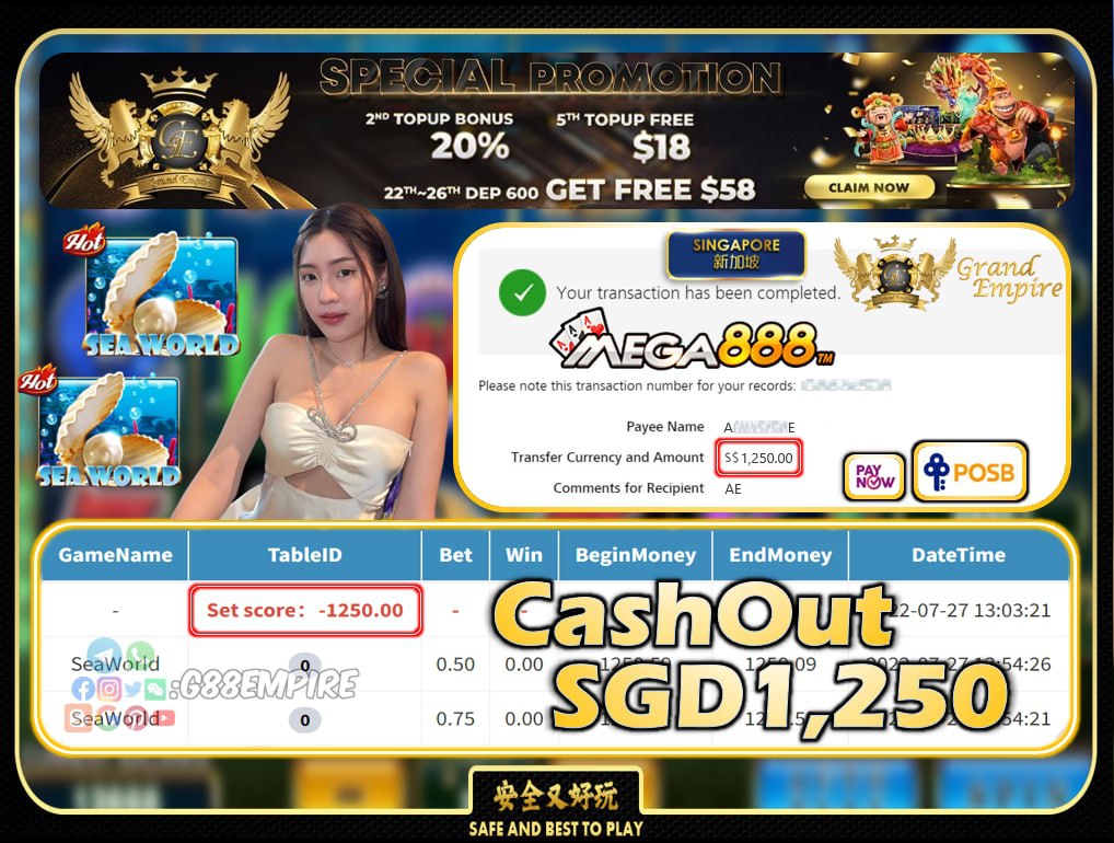 MEGA888 ~ SEAWORLD CASHOUT SGD1250!!!