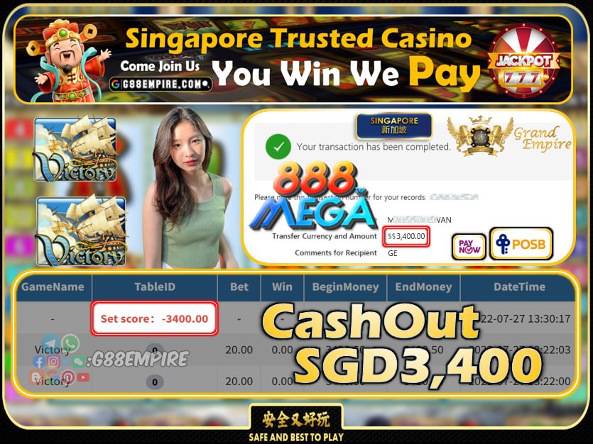 MEGA888 ~ VICTORY CASHOUT SGD3400 !!!