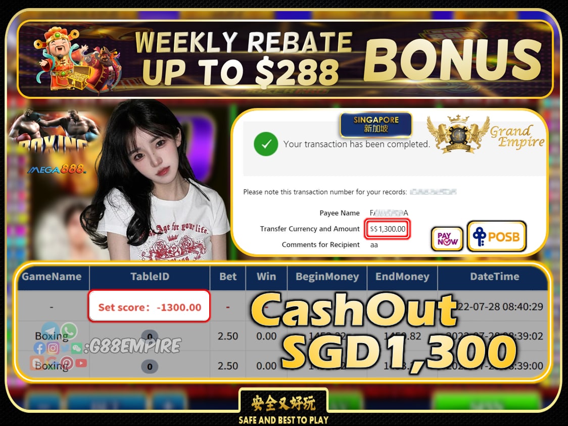 MEGA888 ~ BOXING CASHOUT SGD1300!!!