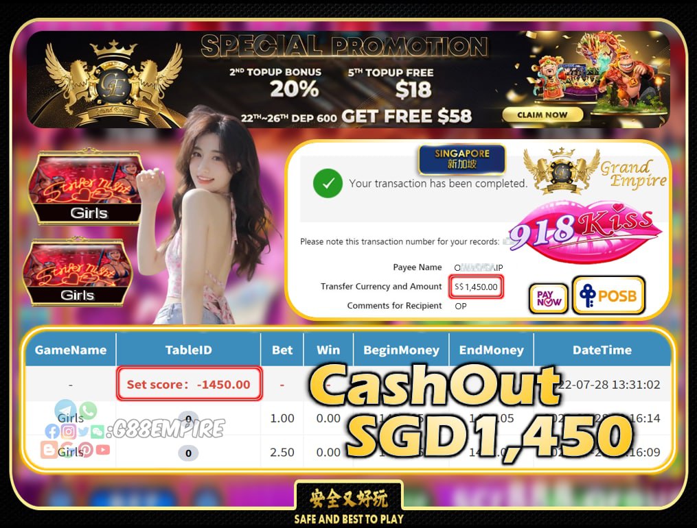 918KISS ~ GIRLS CASHOUT SGD1450!!!