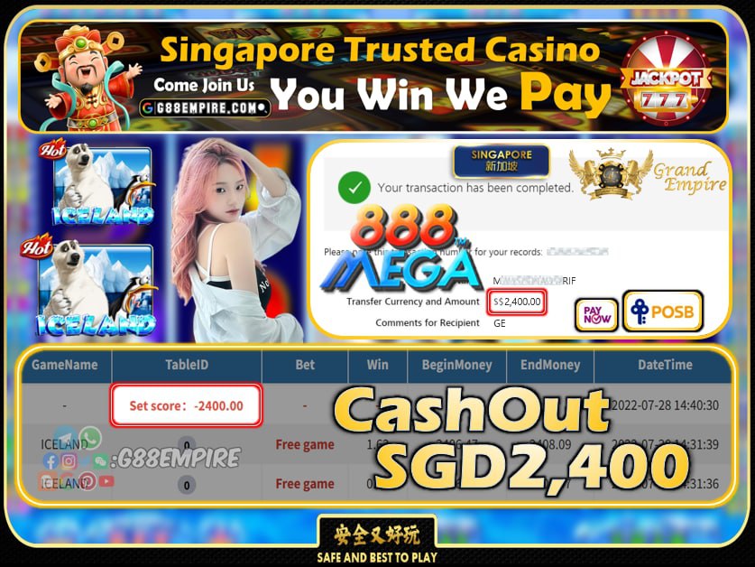 MEGA888 ~ ICELAND CASHOUT SGD2400 !!!