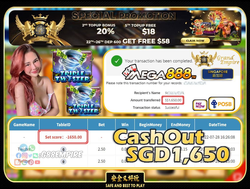 MEGA888 ~ TWISTER CASHOUT SGD1650!!!