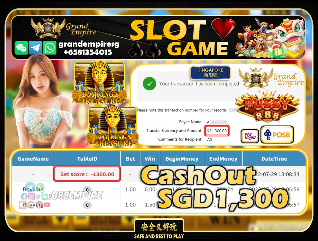 PUSSY888 ~ BOYKING'S TREASURE CASHOUT SGD1300!!!