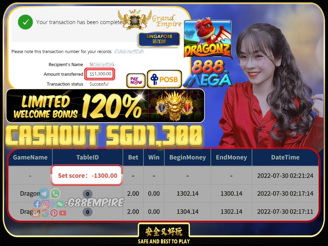 MEGA888 ~ DRAGON CASHOUT SGD1300 !!!