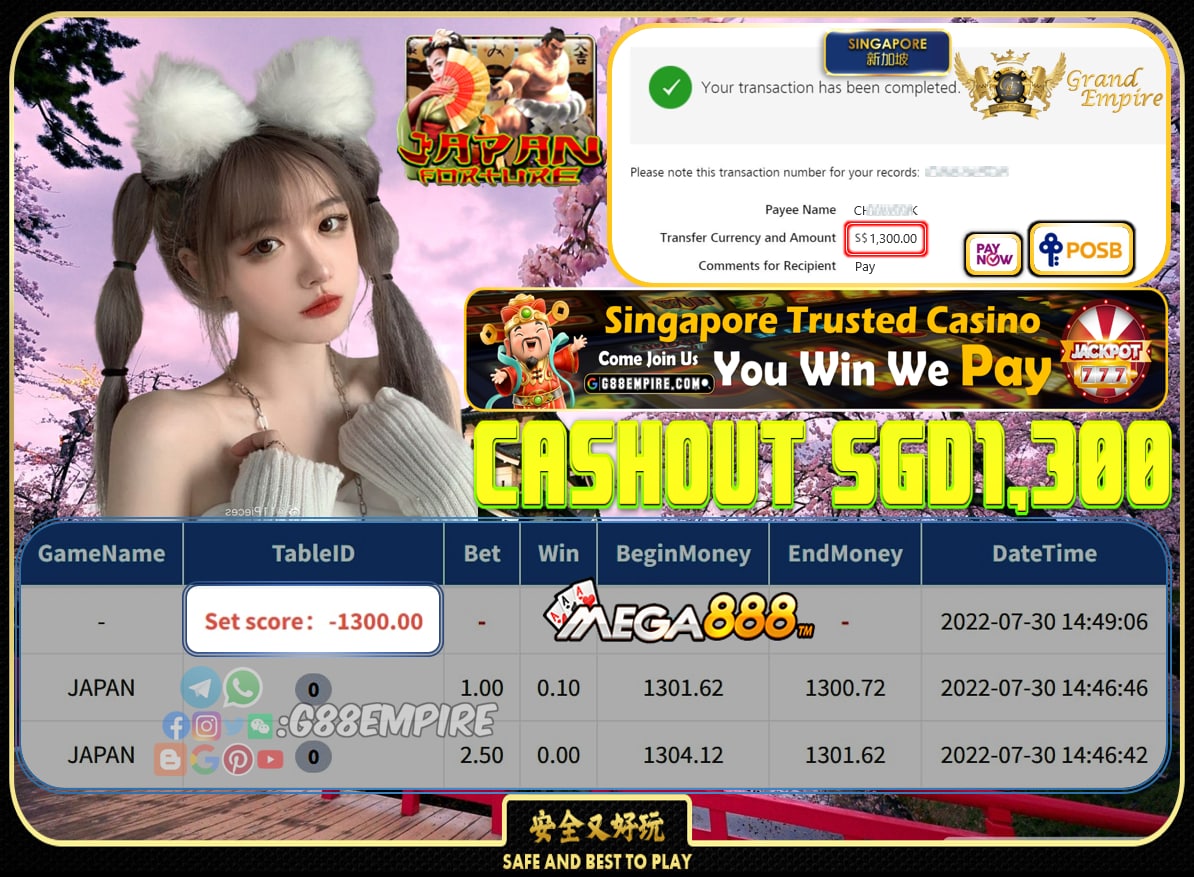 MEGA888 ~ JAPAN CASHOUT SGD1300!!!