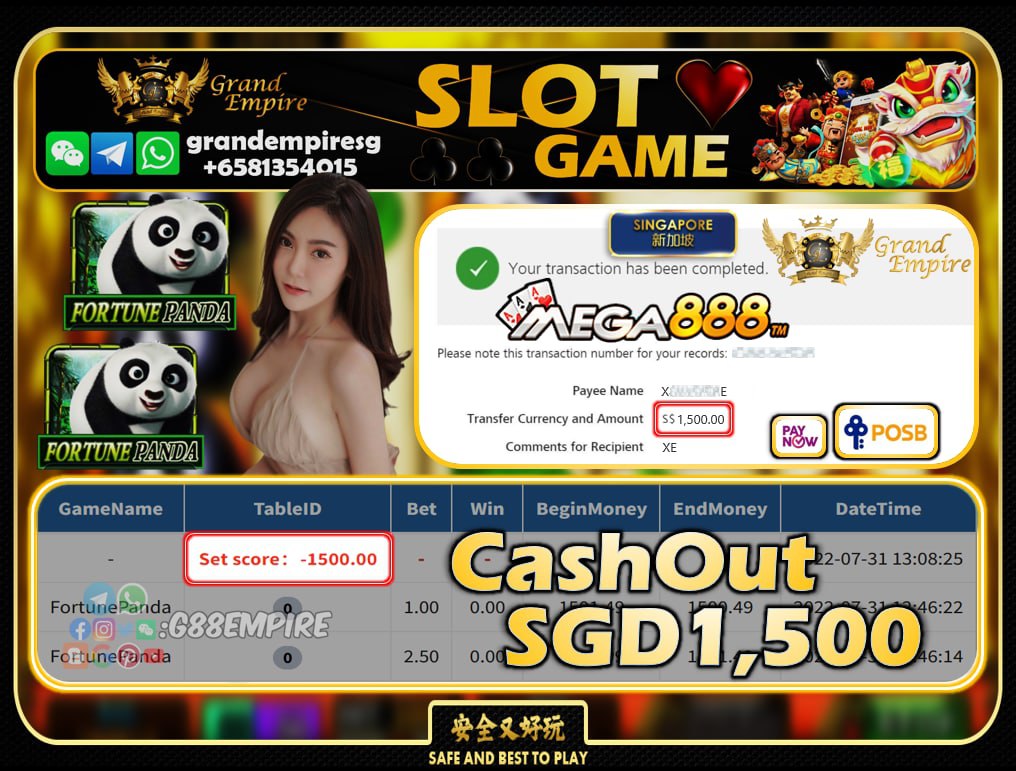 MEGA888 ~ FORTUNEPANDA CASHOUT SGD1500!!!