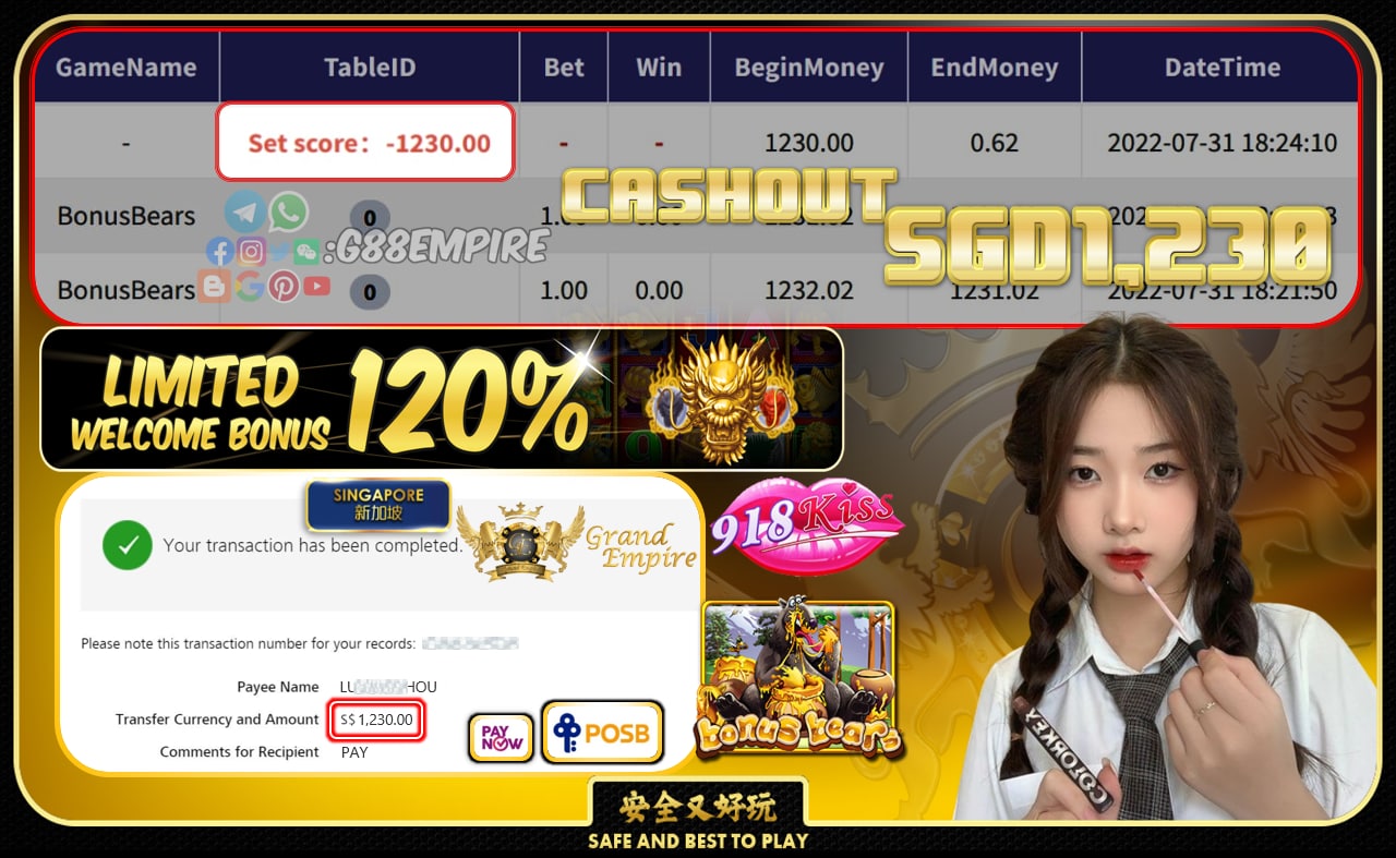 918KISS ~ BONUSBEAR CASHOUT SGD1230!!!