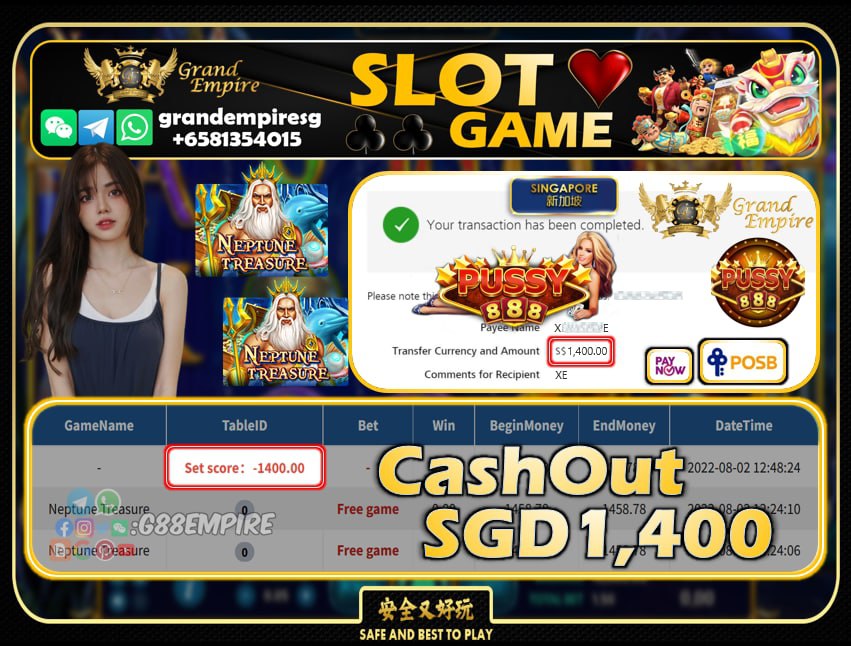 PUSSY888 ~ NEPTUNE TREASURE CASHOUT SGD1400!!!