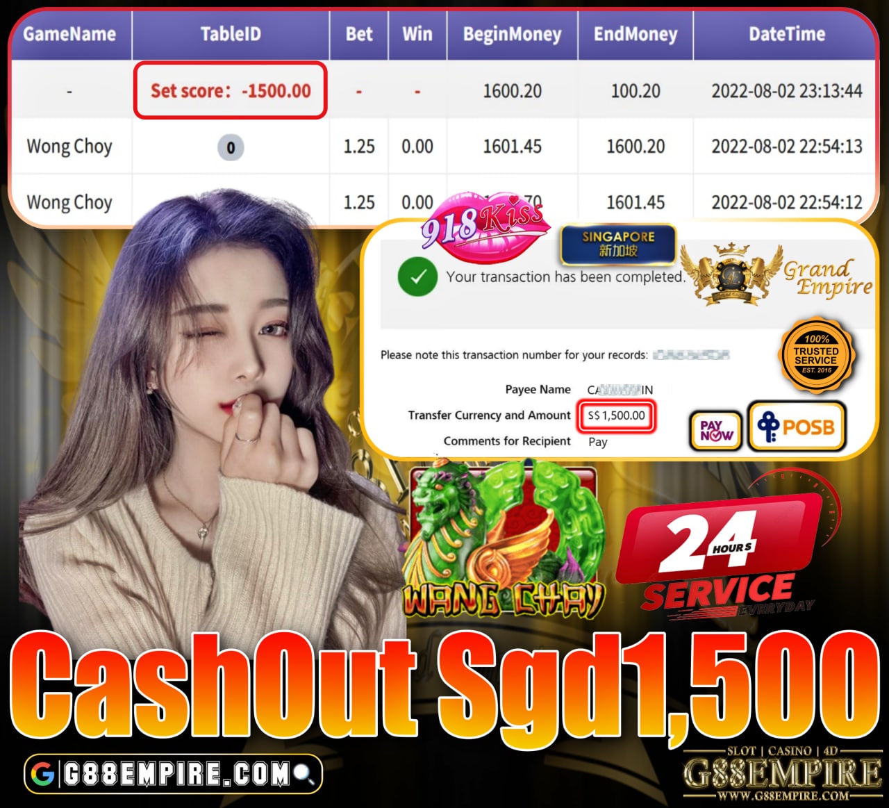 918KKISS ~ WONGCHOY CASHOUT SGD1500!!!