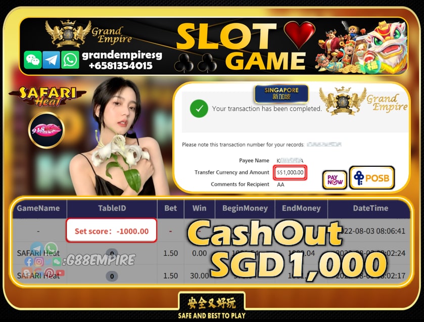 918KISS ~ SAFARIHEAT CASHOUT SGD1000!!!