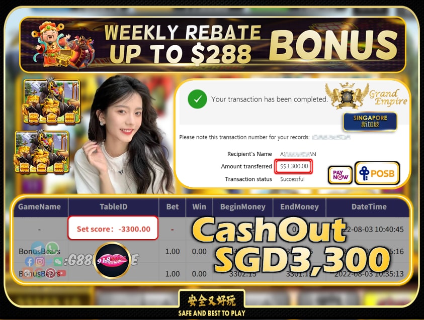 918KISS ~ BONUSBEARS CASHOUT SGD3300!!!