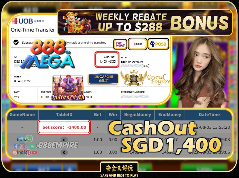 MEGA888  ~ INDIA CASHOUT SGD1400 !!!