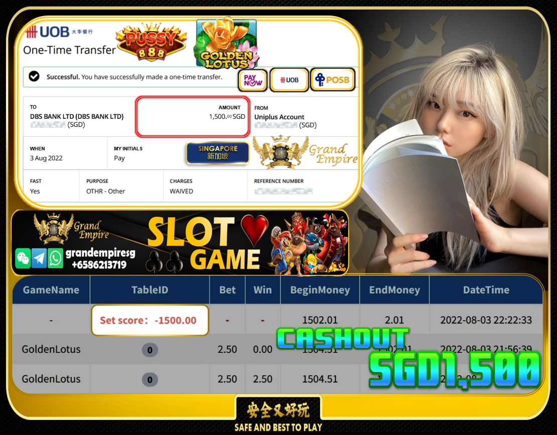 PUSSY888  ~ GOLDENLOTUS CASHOUT SGD1500!!!