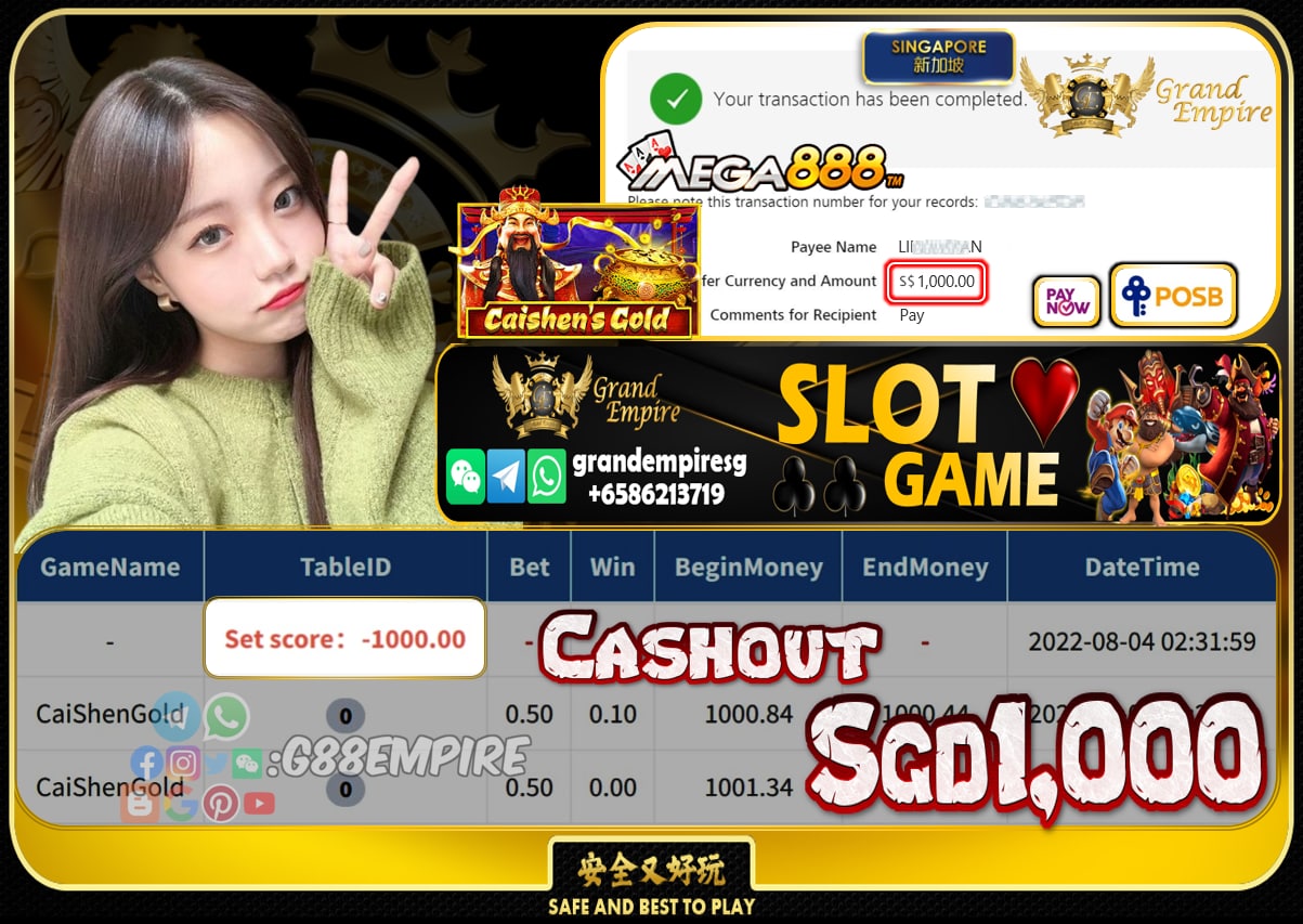 MEGA888  ~ CAISHENGOLD CASHOUT SGD1000!!!