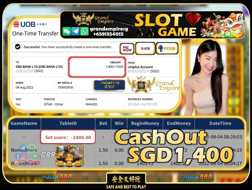 MEGA888 ~BONUSBEARS CASHOUT SGD1400!!!