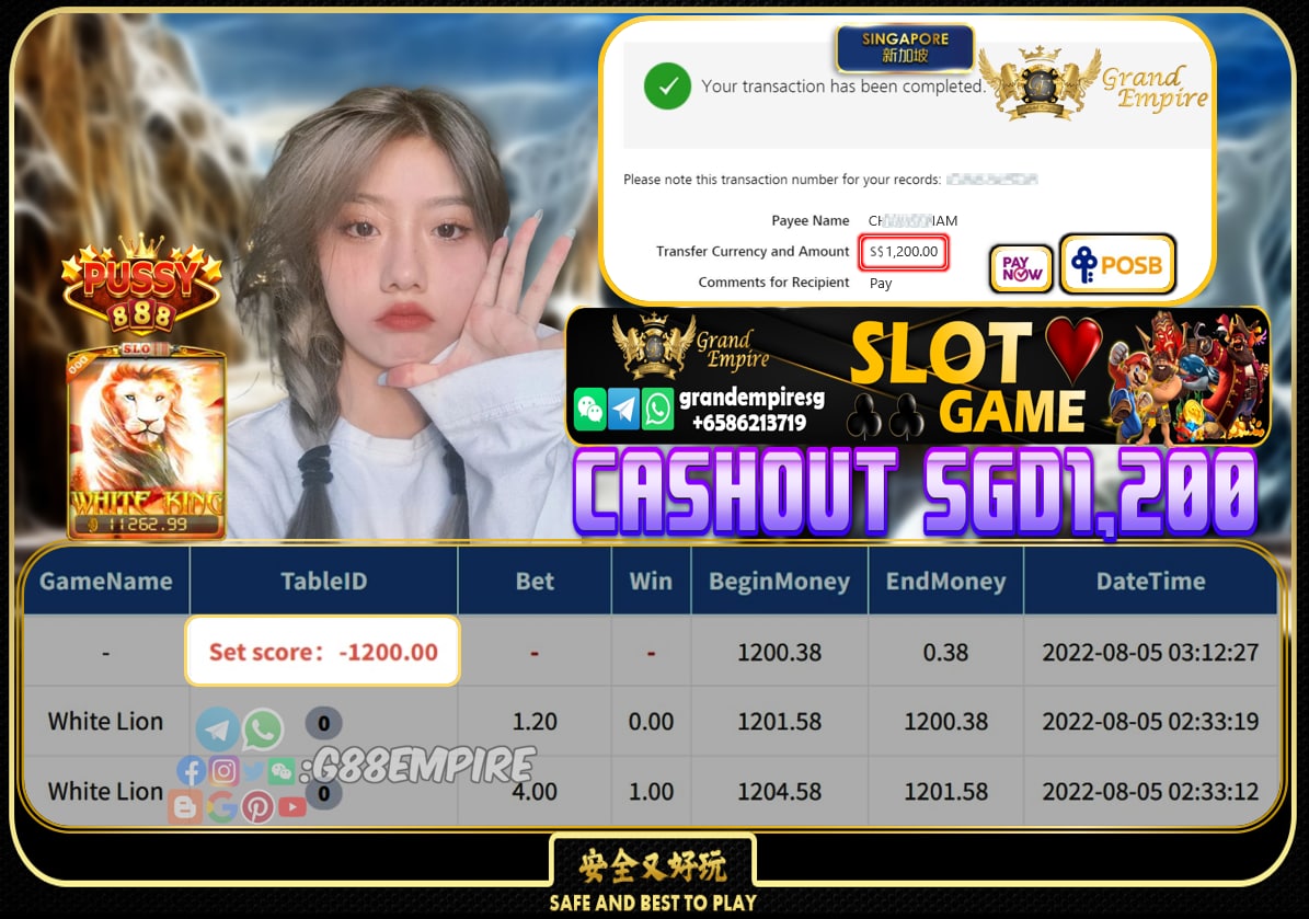 PUSSY888 ~ WHITE LION  CASHOUT SGD1200!!!