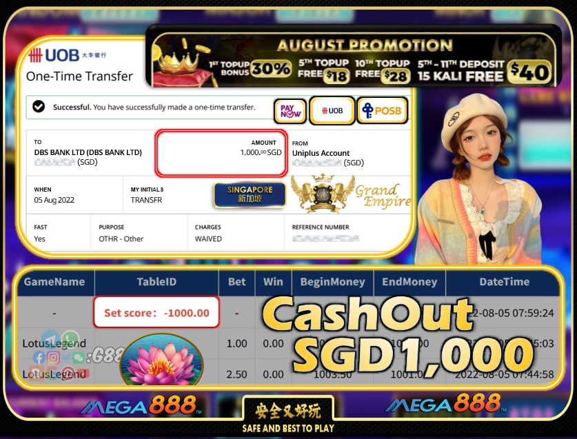 MEGA888 ~ LOTUSLEGEND CASHOUT SGD1000!!!