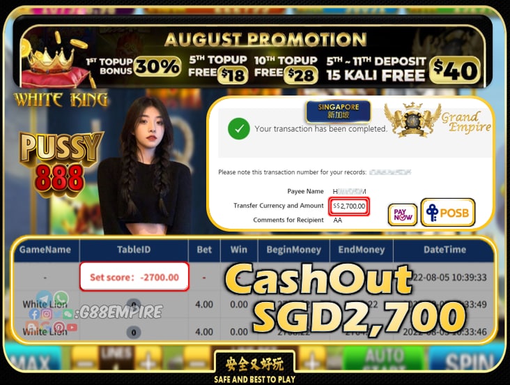 PUSSY888 ~ WHITELION CASHOUT SGD2700!!!