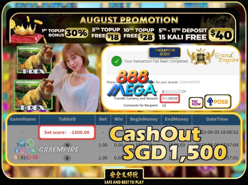 MEGA888 ~ T-REX CASHOUT SGD1500 !!!