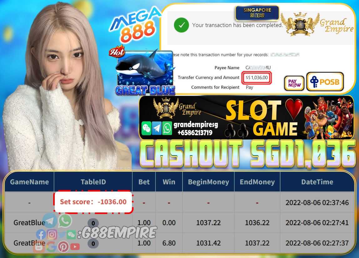 MEGA888 ~ GREATBLUE CASHOUT SGD1036!!!