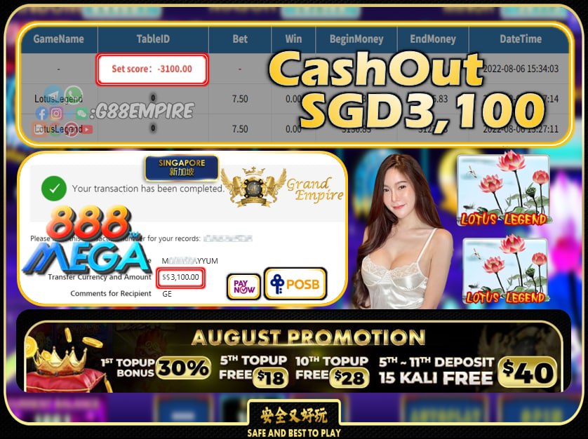 MEGA888 ~ LOTUSLEGEND CASHOUT SGD3100 !!!