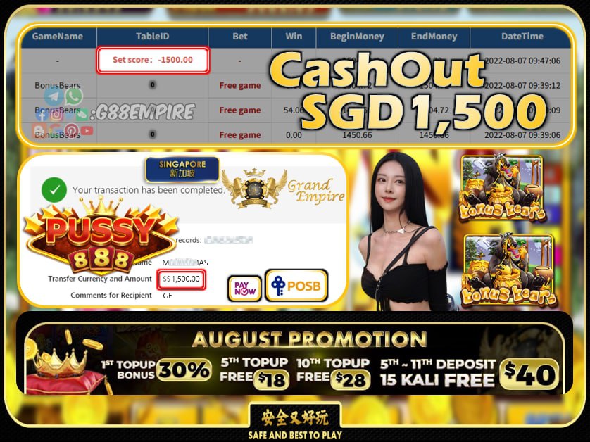 PUSSY888 ~ BONUSBEARS CASHOUT SGD1500 !!!