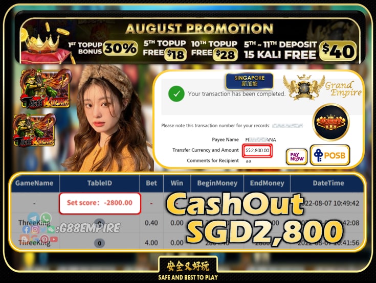 PUSSY888 ~ THREEKING CASHOUT SGD2800!!!