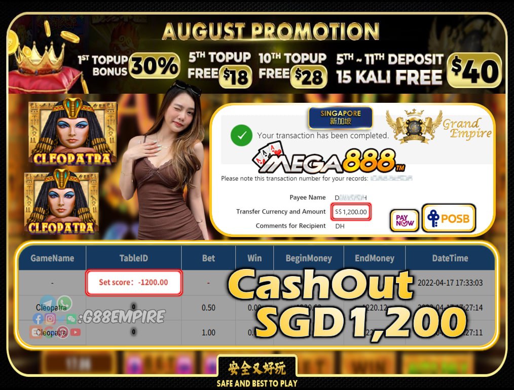 MEGA888 ~ CLEOPATRA CASHOUT SGD1200!!!