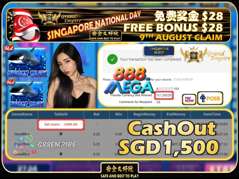 MEGA888 ~ GREATBLUE CASHOUT SGD1500 !!!