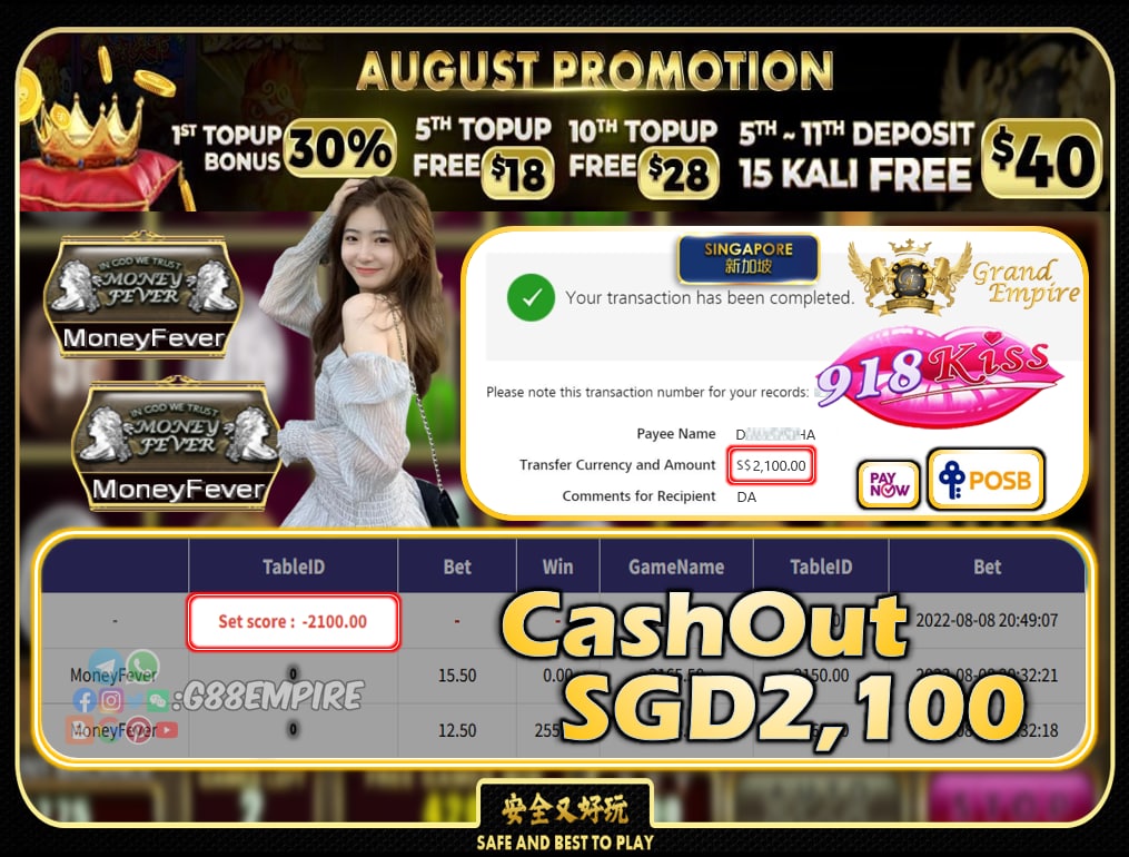  918KISS ~ MONEYFEVER CASHOUT SGD2100!!!