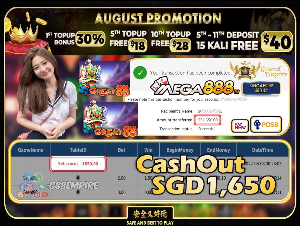 MEGA888 ~ GREAT88 CASHOUT SGD1650!!!