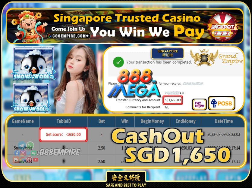 MEGA888 ~ SNOWWORLD CASHOUT SGD1650 !!!