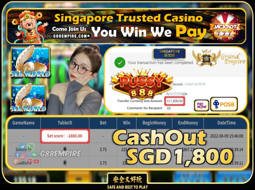 PUSSY888 ~ SEAWORLD CASHOUT SGD1800 !!!