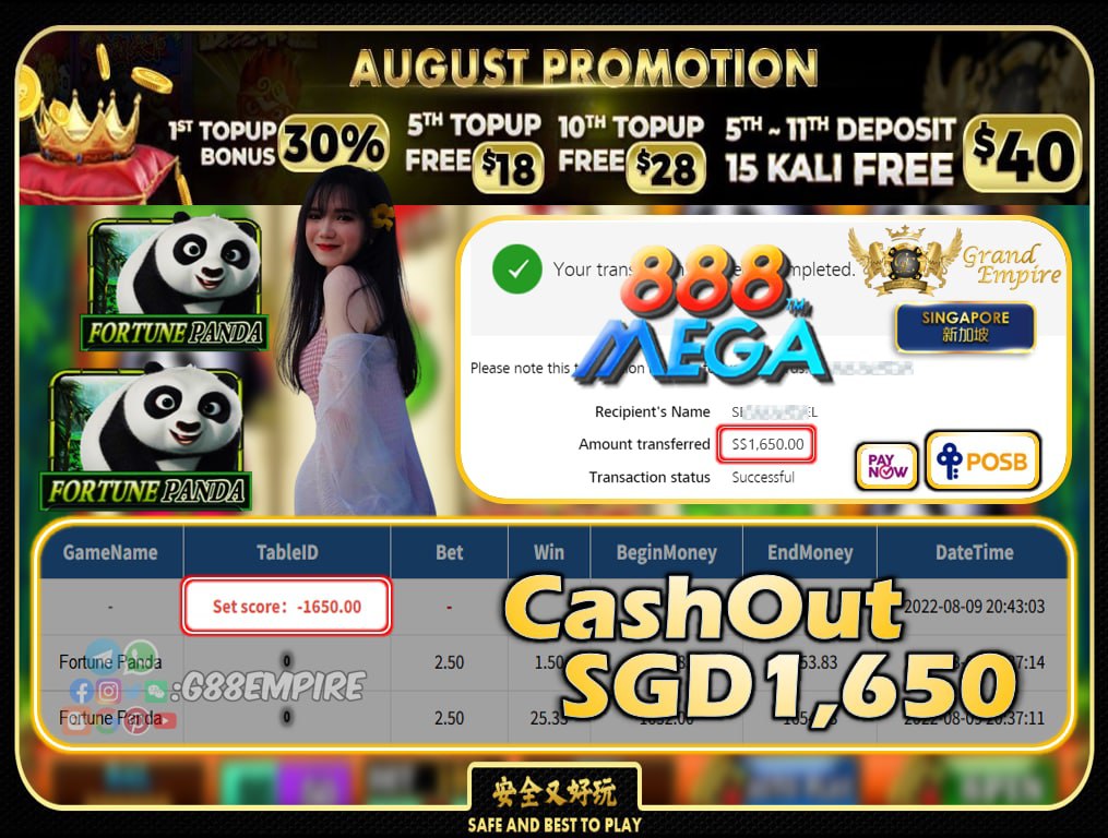 MEGA888 ~ FORTUNEPANDA CASHOUT SGD1650!!!