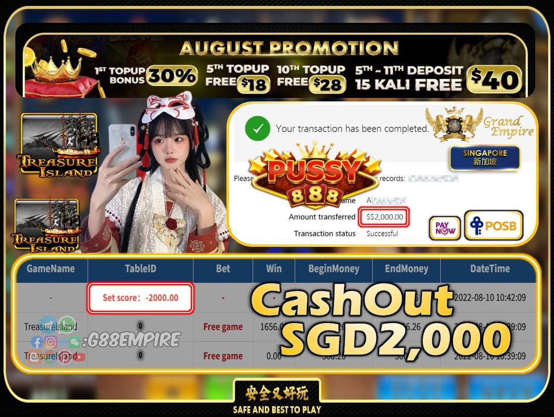 PUSSY888  ~ TREASUREISLAND CASHOUT SGD2000!!!