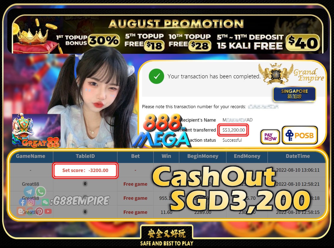 MEGA888  ~ GREAT88 CASHOUT SGD3200!!!