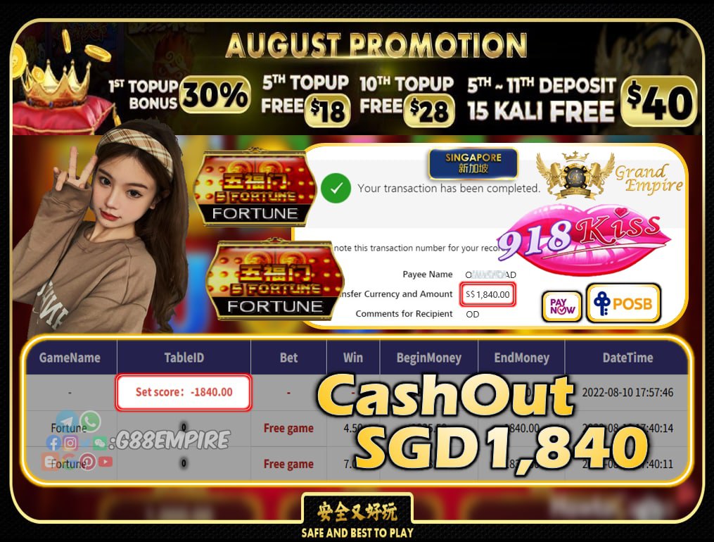 918KISS ~ FORTUNE CASHOUT SGD1840!!!