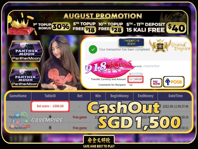 918KISS ~ PANTHERMOON CASHOUT SGD1500 !!!