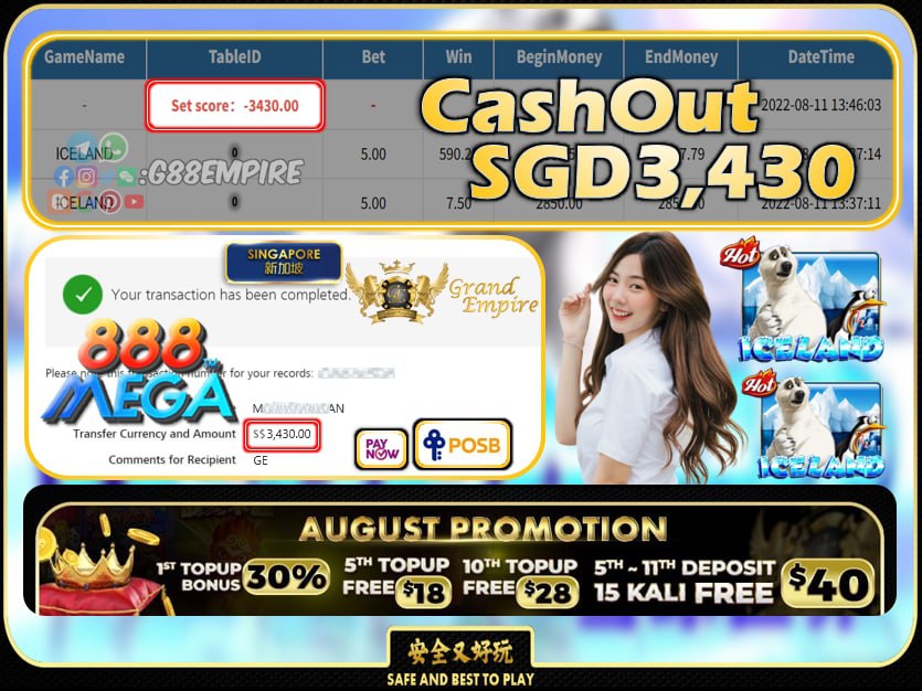 MEGA888 ~ ICELAND CASHOUT SGD3430 !!!