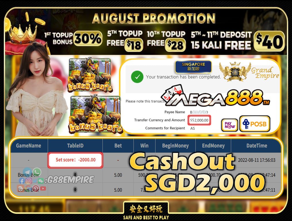 MEGA888 ~ BONUSBEARS CASHOUT SGD2000!!!