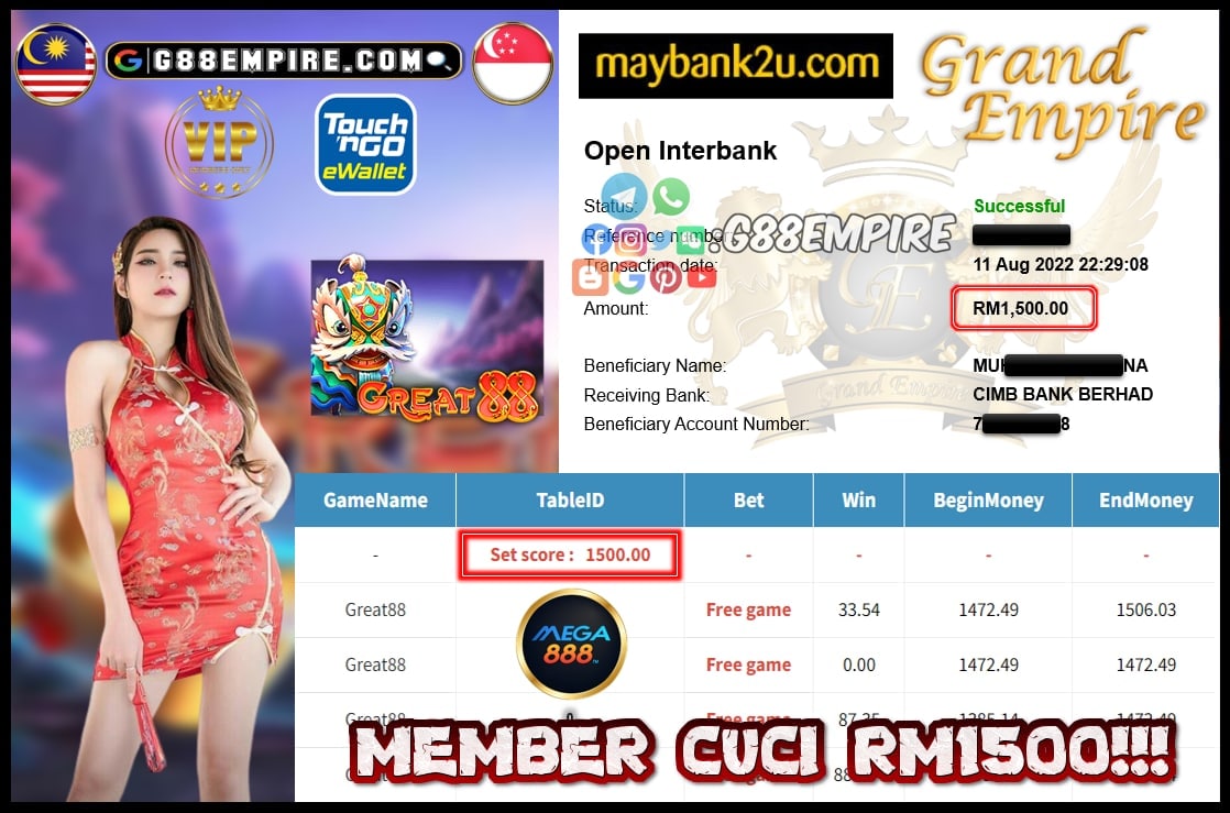 MEGA888 GREAT88 CUCI RM1500