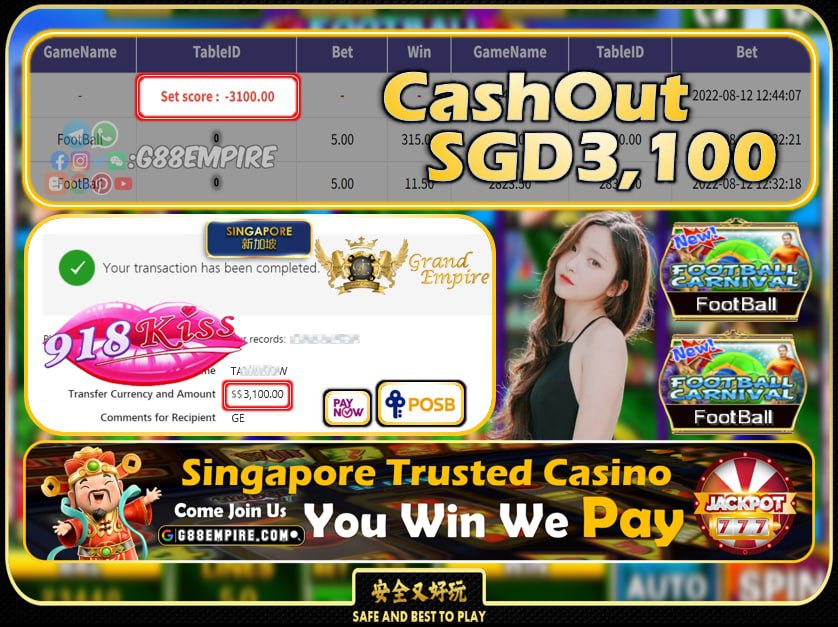 918KISS ~ FOOTBALL CASHOUT SGD3100 !!!