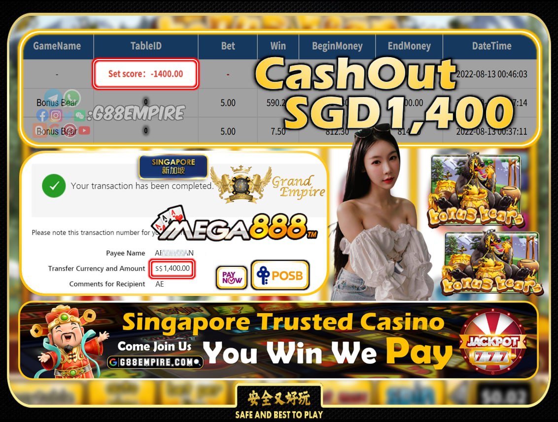 MEGA888 ~ BONUSBEARS CASHOUT SGD1400!!!