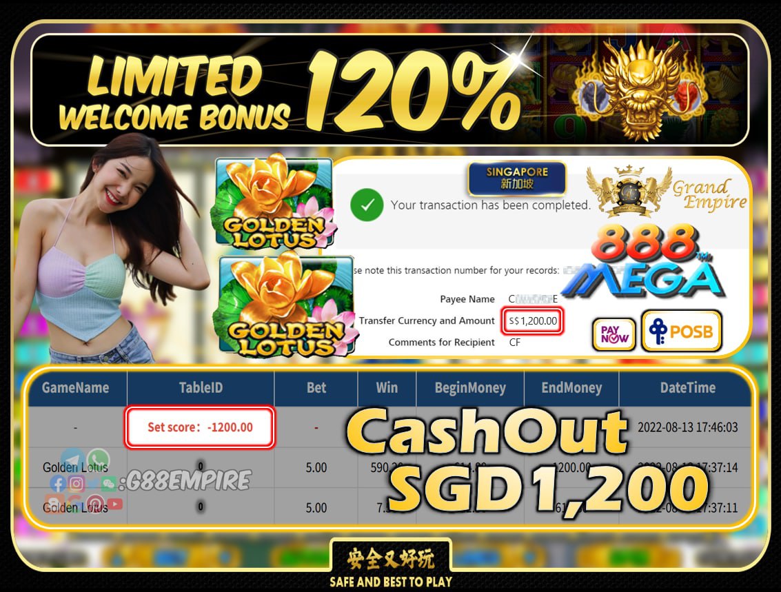 MEGA888 ~ GOLDENLOTUS CASHOUT SGD1200!!!