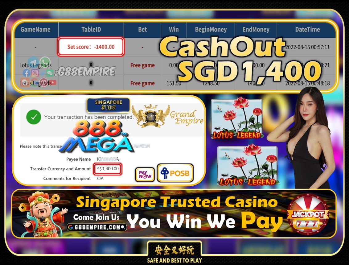 MEGA888 ~ LOTUSLEGENDS CASHOUT SGD1400!!!