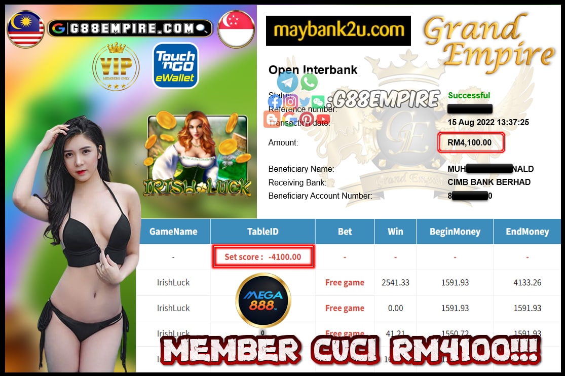 MEGA888 IRISHLUCK CUCI RM4100